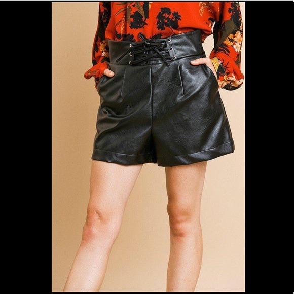 High Waist Lace-up Vegan Leather Shorts - Picture 2 of 6